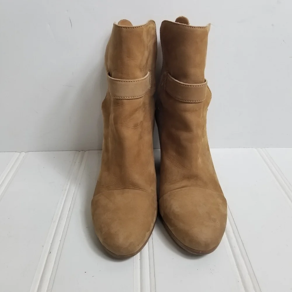 Rag & Bone Kinsey Boots 37.5 Suede Ankle Wrap Strap Chunky Heel Tan Italy